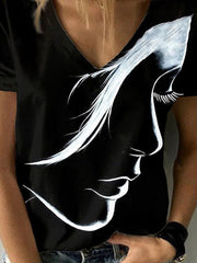 3 Colors Loose Simple Face Printed V-Neck T-Shirt