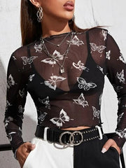 Butterfly Print Mesh See-Through Long Sleeves Skinny Round-Neck T-Shirts Tops