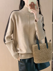 Contrast Color Split-Joint Split-Side High-Low Long Sleeves High Neck Sweater Tops Pullovers