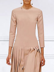 Pleated Solid Color Split-Joint A-Line Long Sleeves Round-Neck Maxi Dresses