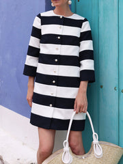 Loose Three-Quarter Sleeves Buttoned Striped Round-Neck Outerwear