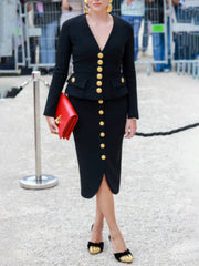 Buttoned Split-Joint Long Sleeves Loose Deep V-Neck Midi Dresses