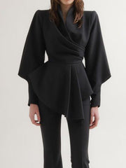 Long Sleeves Puff Sleeves Asymmetric Pleated Ruffled Solid Color V-Neck Blouses&Shirts Tops