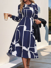Elasticity Printed Split-Joint A-Line High Waisted Round-Neck Midi Dresses