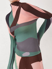 Contrast Color Pleated Long Sleeves Mock Neck T-Shirts Tops