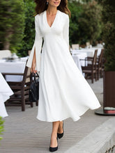 Long Sleeves Solid Color V-Neck Midi Dresses