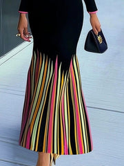 Colorful Contrast Color Striped Long Sleeves Skinny V-Neck Maxi Dresses