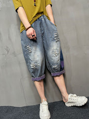 Contrast Color Elasticity Split-Joint Harem Pants Loose Jean Pants Bottoms