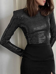 Sequined Split-Joint Long Sleeves Skinny Round-Neck T-Shirts