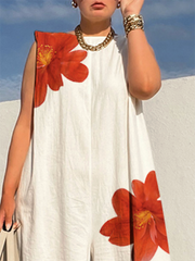 Loose Sleeveless Flower Print Round-Neck Jumpsuits