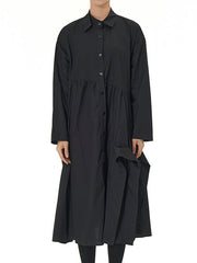 Asymmetric Buttoned Pleated Solid Color Long Sleeves Loose Lapel Midi Dresses
