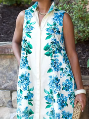 Buttoned Flower Print Loose Sleeveless Lapel Midi Dresses