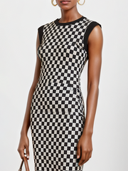 Contrast Color Plaid Pleated Bodycon Mermaid Round-Neck Sweater Dresses Midi Dresses