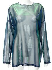 Gauze See-Through Long Sleeves Loose Round-neck T-Shirts Tops