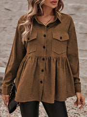 Buttoned Pleated Pockets Solid Color Split-Joint A-Line Long Sleeves Lapel Outerwear