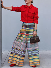 Contrast Color Rainbow Plaid Loose Wide Leg Trousers Casual Pants Bottoms