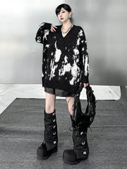 Abstract Printed Contrast Color Ribs Split-Joint Long Sleeves Loose V-Neck Sweater Tops