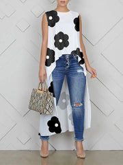 High-Low Loose Contrast Color Floral Printed Round-Neck Vest Top