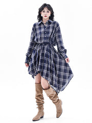 Elasticity Plaid High-Low Irregularity Lapel Collar Midi Dresses