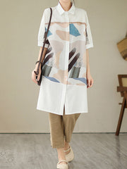 Buttoned Printed Split-side A-line Loose Lapel Shirt Dress Midi Dresses