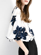 Contrast Color Flower Print Loose V-neck Blouses&shirts Tops