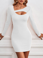 Asymmetric Hollow Solid Color Bodycon Long Sleeves Asymmetric Collar Mini Dresses