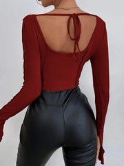 Backless Solid Color Long Sleeves Skinny Square-neck T-Shirts Tops Tee