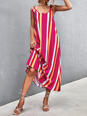Contrast Color Striped Tied Loose Sleeveless U-Neck Slip Dress Midi Dresses