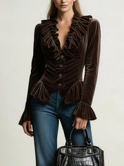 Elasticated Waist Flared Sleeves Buttoned Pleated Ruffled Solid Color Split-Joint Deep V-Neck Blouses&Shirts Tops