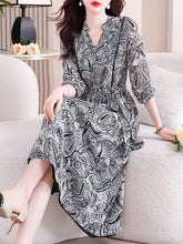 Elasticity Flower Print Tied Waist Long Sleeves Loose V-neck Midi Dresses