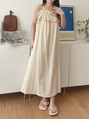 Elasticity Pleated Ruffled Solid Color Loose Sleeveless Spaghetti-Neck Pajama Dress Midi Dresses