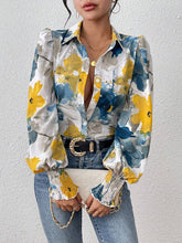 Buttoned Elasticity Flower Print Pleated Long Sleeves Loose Lapel Blouses&Shirts Tops