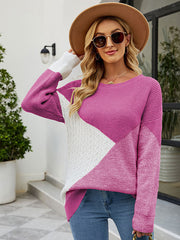 Casual Long Sleeves Loose Contrast Color Round-Neck Sweater Tops