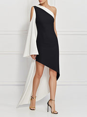 Flared Sleeves High-Low Contrast Color Hollow One-Shoulder Maxi Dresses