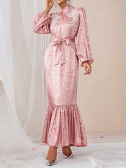 Elasticity Leopard Split-Joint Tied Waist A-Line Bishop Sleeve Mock Neck Maxi Dresses