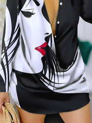 Figure Printed Long Sleeves Loose Lapel Shirt Dress Mini Dresses
