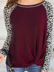 Knot Leopard Split-Joint Long Sleeves Loose Round-Neck T-Shirts Tops