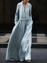 Long Sleeves Loose Elasticity Solid Color V-Neck Maxi Dresses