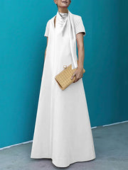Hollow Pleated Solid Color A-line Loose Mock Neck Maxi Dresses