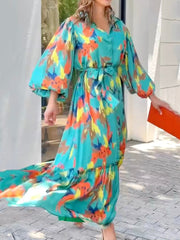 Printed Long Sleeves Loose Lapel Collar Maxi Dresses