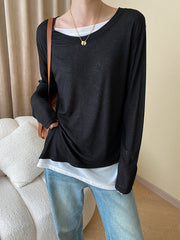 Asymmetric Contrast Color Split-Joint Fake Two-Piece Long Sleeves Round-Neck T-Shirts