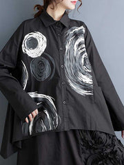 Asymmetric Printed Split-Joint Long Sleeves Loose Lapel Blouses
