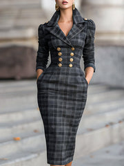 Bodycon Long Sleeves Buttoned Plaid Pockets Notched Collar Midi Dresses