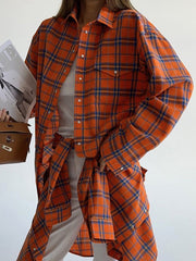 Buttoned Plaid Pockets Long Sleeves Loose Lapel Blouses&Shirts Tops