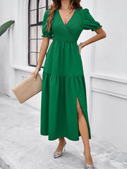 Elasticity Pleated Solid Color Split-Joint A-line High Waisted V-neck Midi Dresses