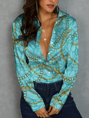 Buttoned Printed Long Sleeves Loose Lapel Blouses&Shirts Tops
