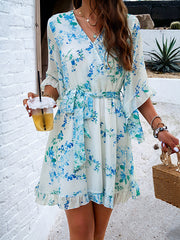 Flower Print Ruffle Trim Split-Joint Tied Waist Flared Sleeves Half Sleeves V-Neck Mini Dresses