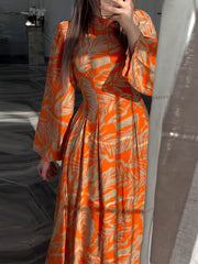 Flower Print Pleated Zipper A-Line High Waisted Mock Neck Maxi Dresses