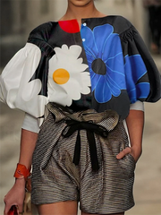 Half Sleeves Loose Contrast Color Floral Printed Boat Neck Blouses&Shirts Tops
