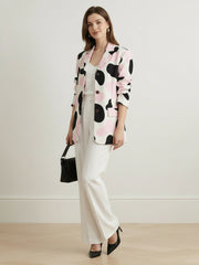 Buttoned Contrast Color Cow Printed Split-Joint Long Sleeves Loose Notched Collar Outerwear Blazer